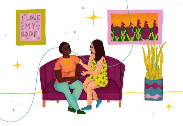 Illustration from What's An Abortion, Anyway? shows a white person gently providing support on a couch for a Black person in a nice office