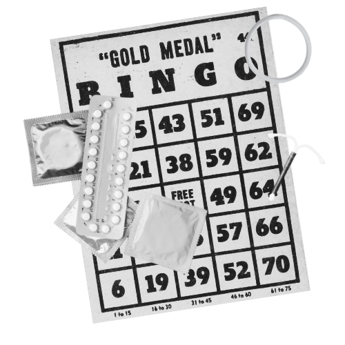 Image of a bingo card with an IUD, pills, condoms and a vaginal ring on it