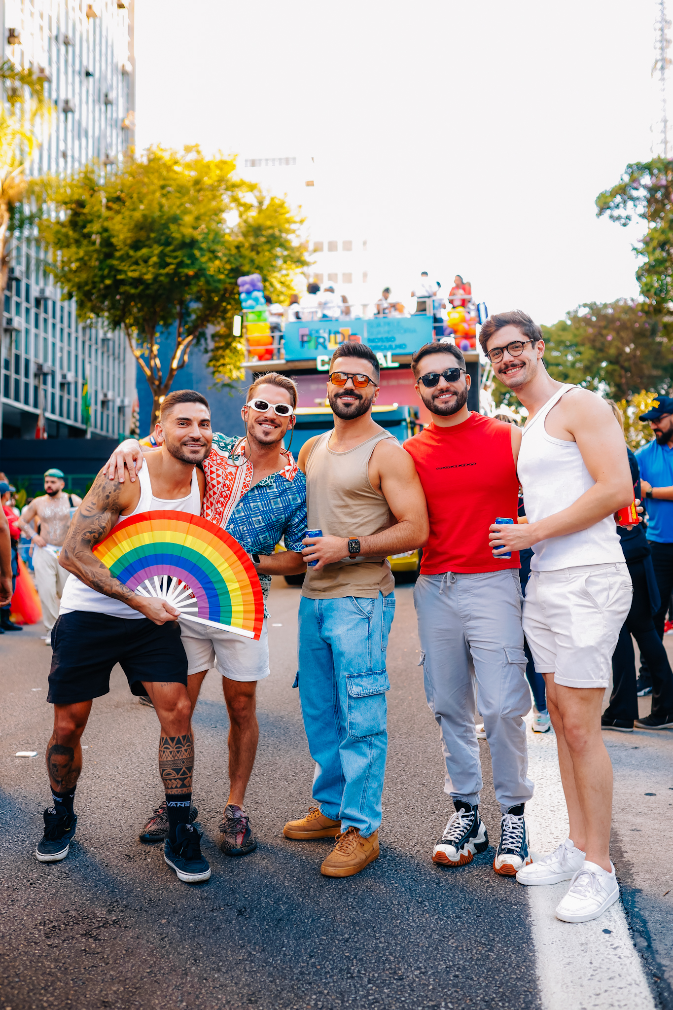 A photo of five men at the Parade, including Nelson Matias Pereira