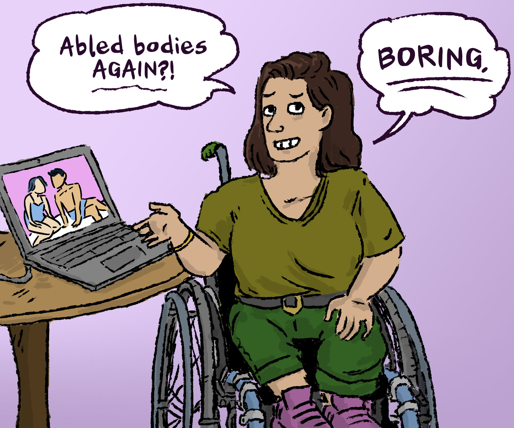 Image of someone in a wheelchair looking at porn and saying, "Abled bodies again? Boring."