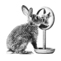 A bunny rabbit looks at themself in a mirror