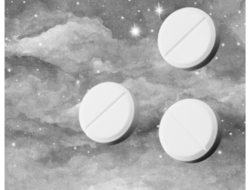 Abortion pills floating in a starry hazy sky