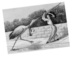 vintage image of someone keeping a stroke with a baby away by aggressively waving their parasol at them (this is an uneffective method of birth control, btw)