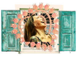 image of Luana Muniz laughing, collaged over a lace heart and an open window