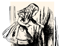 image of Alice in Wonderland following her curiosity by lifting back a curtain