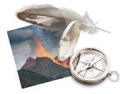 a feather, a volcanic eruption, and a compass