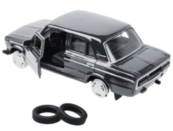 a toy car with missing and spare tires