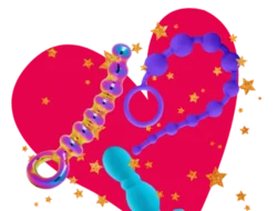 Three different types of anal bead toys displayed against a bright pink heart. Everything is also covered in sparkly gold stars.