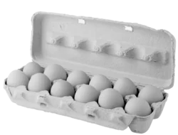 A black and white image of a carton of one-dozen eggs