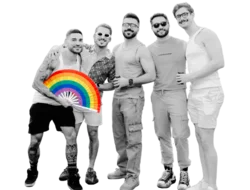 A group of five men standing in a line with their arms around each other. The person on the far left is holding a rainbow fan. The image of the men is in black and white but the fan is bright and colorful.