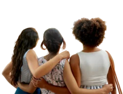 Three young women stand in a line facing away from the camera. They have their arms around each other in an embrace.
