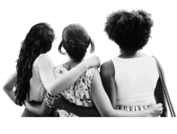 Three young people stand in a line facing away from the camera. They have their arms around each other in an embrace.