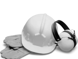 Black and white image of safety gloves, hardhat, and safety earmuffs.