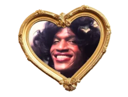 Marsha P. Johnson's beautiful face inside a gold heart frame