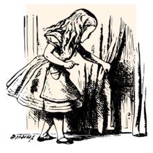 image of Alice in Wonderland following her curiosity by lifting back a curtain