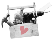 Wooden toolbox with tools inside and a heart on top