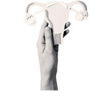 Black and white image of a hand holding a paper cutout of a uterus