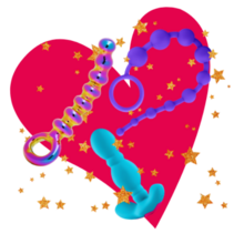 Three different types of anal bead toys displayed against a bright pink heart. Everything is also covered in sparkly gold stars.