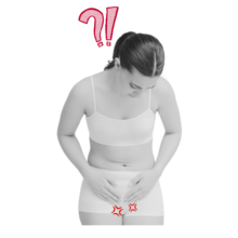 Young woman with dark hair in a ponytail and wearing a white bra and underwear. Her hands are pressed over her vulva and she is looking down. Between her hands over her underwear are two angry red dots and above her head is a red "?!" graphic.