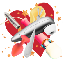 sparkly stars and a big red Scarleteen heart under a collage of sex toys: a butt plug, suction vibe, wand, bullet vibe, stroker and pinpoint vibe