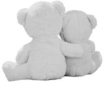 Two teddy bears facing away from the camera. The left teddy bear has it's arm around the right teddy bear in a comforting hug.