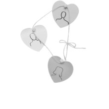 Black and white image of three paper hearts connected by string. Two hearts have an outline of a person who appear to be men and one heart has an outline of a person who appears to be a woman.