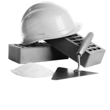 A hardhat with bricks and a trowel