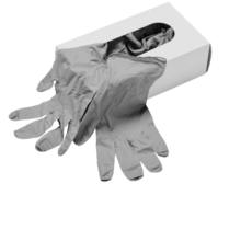 Black and white image of a box of latex gloves with a couple of gloves spilling over the sides