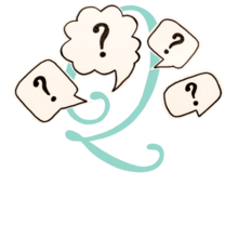 a script letter Q surrounded by question bubbles