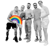 A group of five men standing in a line with their arms around each other. The person on the far left is holding a rainbow fan. The image of the men is in black and white but the fan is bright and colorful.