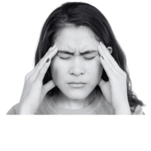 Young Asian woman with black hair with her hands against her head. Her eyes are closed and she looks overwhelmed.