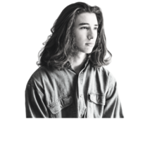 a white teen person with long hair in a denim shirt looking contemplative
