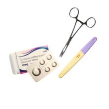 A pack of the abortion pill, medical scissors, and a pregnancy test float against a transparent background.