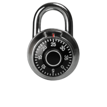 A combination padlock. The kind that uses a spinning dial marked with numbers to unlock.