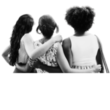 Three young people stand in a line facing away from the camera. They have their arms around each other in an embrace.