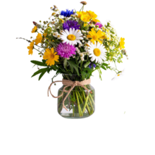 A bouquet of various wildflowers in many colors (yellow, white, purple, pink, green, blue) displayed in a clear jar of water wrapped with string