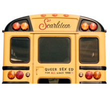 back of a school bus with Scarleteen's logos on it