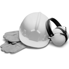 Black and white image of safety gloves, hardhat, and safety earmuffs.