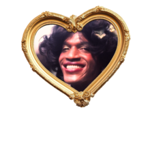 Marsha P. Johnson's beautiful face inside a gold heart frame